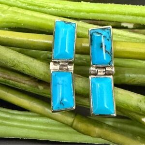 Vintage Handcrafted Mexico 950 Sterling Silver Turquoise Hinged Earrings 8g.